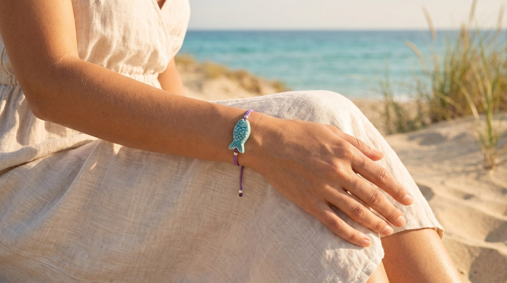 Bracciale Pesce Pop – Viola / Turchese indossato