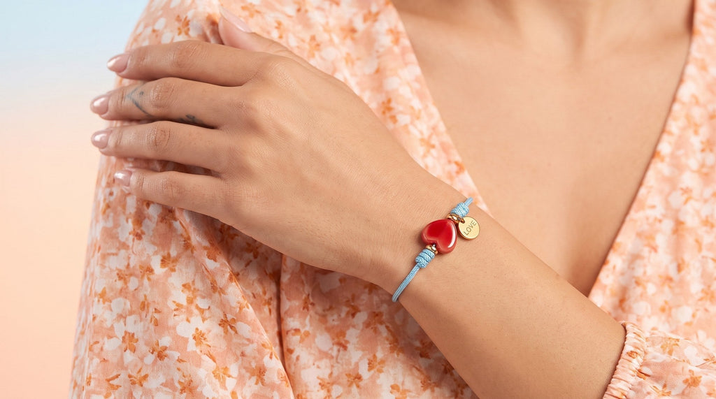 Bracciale Love – Turchese / Rosso indossato