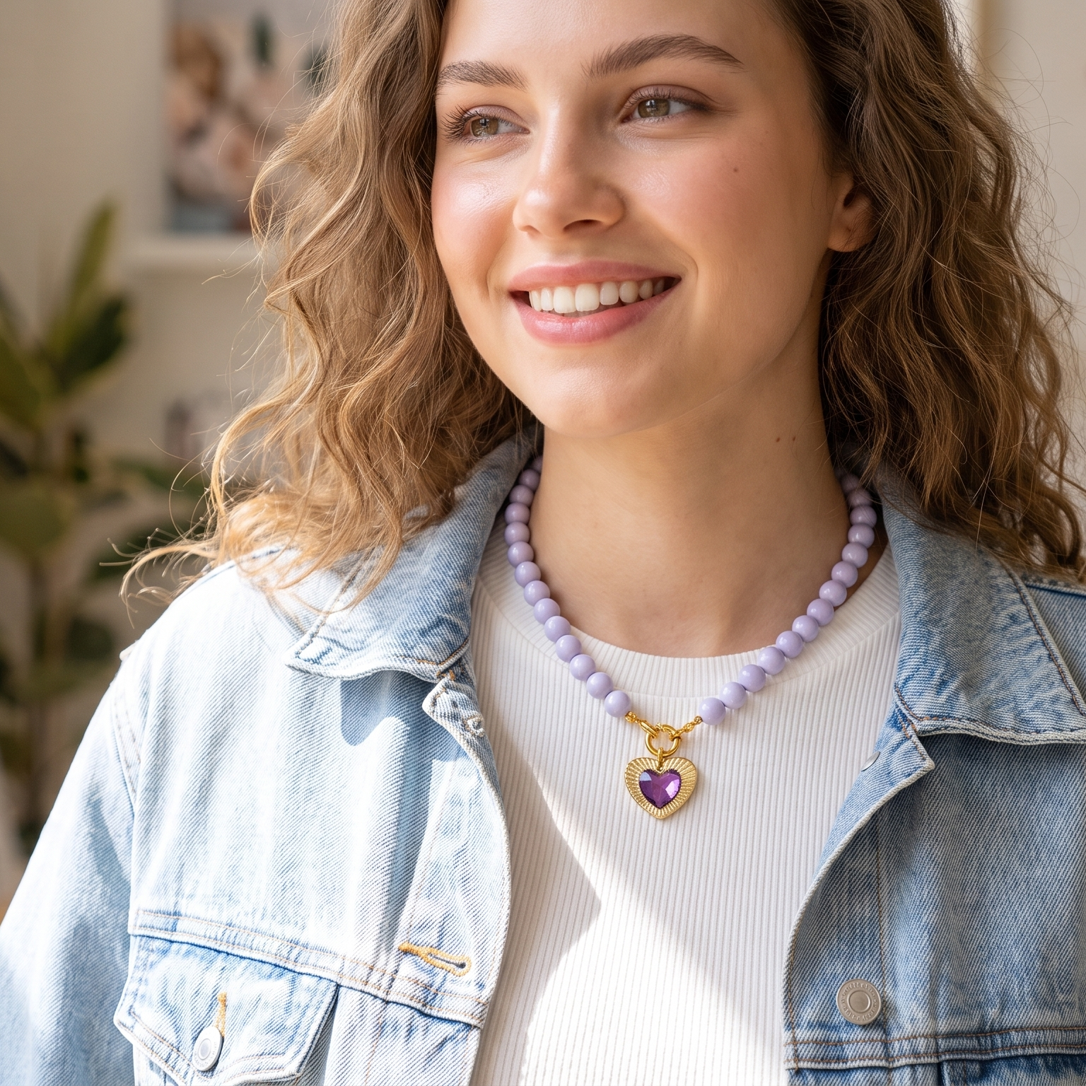 A smiling woman with wavy light brown hair wears a lavender beaded necklace with a gold heart-shaped pendant, styled with a light blue denim jacket over a white top in a bright indoor setting.
